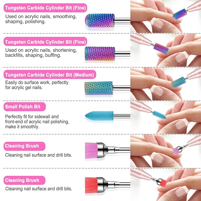 30Pcs Nail Drill Bits Set with Rhinestone Storage Box, 3/32 Inch Ceramic Diamond Carbide Nail Drill Bits for Acrylic Gel Polish, Cuticle Efile Remover for Manicure (Pink)