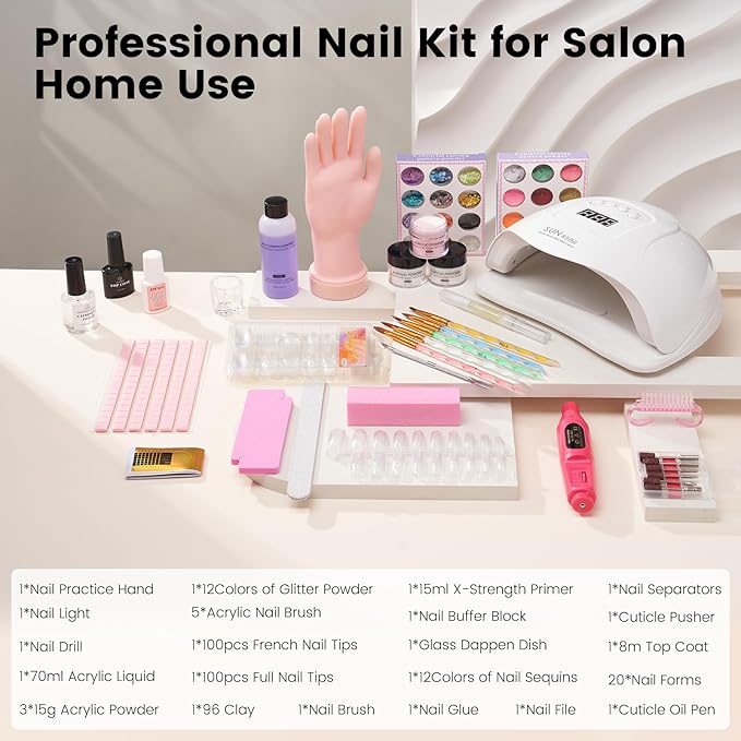 Acrylic Nail Kit for Beginners: Monomer Acrylic Nail Liquid Powder with Practice Hand U V Light Drill French Tips for Nail Starters with Everything Home Salon Gift Set