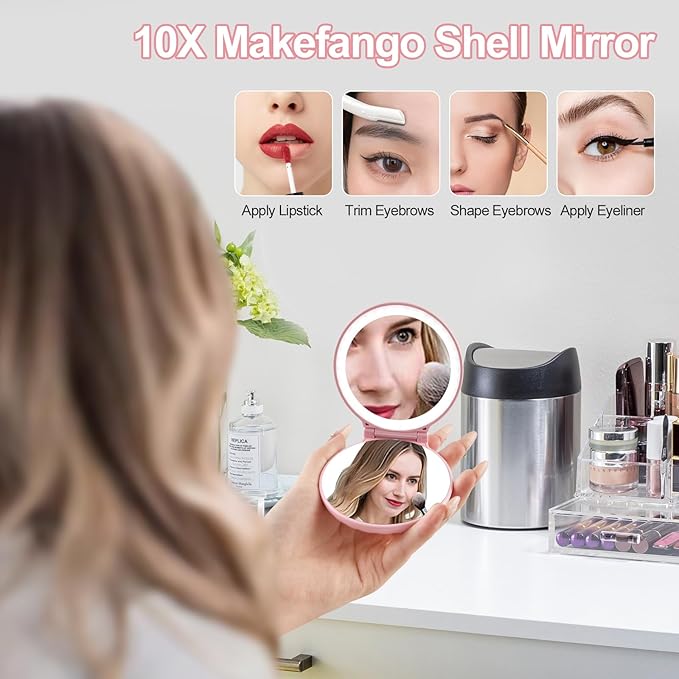 Shell Travel Mirror with Lights and 10x / 2X Magnification, Mini Makeup Mirror LED Lighted, Dimmable, Rechargeable Compact Mirror for Pocket, Patented Design Gifts for Mom/Daughter (Pink Electric)