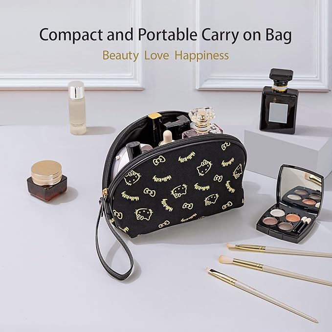 AmBealla Small Cosmetic Bag Portable Storage Bag for Women,Cute Compact Makeup Bag for Keys and Phone, Black Hot Stamping Pattern Cotton Organizer with Wristband,Portable Mini Bag for girls
