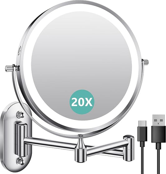 1X/20X Wall Mounted Makeup Mirror with Light, 8" Double-Sided Magnifying Mirror, 3 Color Lights Touch Dimmable Vanity Mirror with 360° Extension Rotation Foldable 14.5 Inch Arm for Bathroom, Chrome