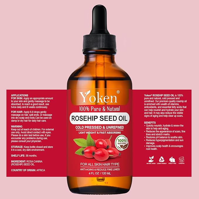 Rosehip Seed Oil For Face,100% Pure Rosehip oils For Skin,Scars,Hair & Nails.4 fl Oz Cold Pressed Rose Hips Oil For Skin Care, Anti-Aging, Scar Treatment, GUA SHA Massage DIY (4 Fl Oz)