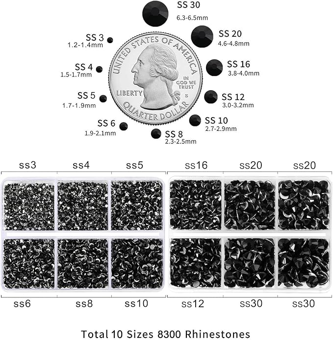 Beadsland 8300PCS Flatback Rhinestones, Black Rhinestone Round Crystal Rhinestones for Crafts, Mixed 10 Sizes with Wax Pencil and Tweezer Kit, SS3-SS30, Jet Black