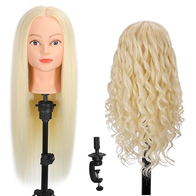26"-28"Mannequin Head with 80% Real Hair,Cosmetology Mannequin Trainning Head Hairdresser Pratice Doll Head for Hair Styling with Free Clamp Holder(#613 Light Blonde)