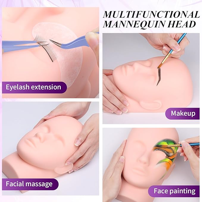 Eyelash Extension Kit for Beginners, Professional Lash Extension Supplies Set with Mannequin Head Lash Fan Extension Glue Eyelash Remover Tweezers, Practice Lash Training Tool for Eyelash Extensions