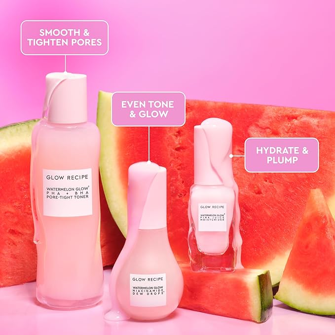 Glow Recipe Watermelon Glow Icons Skin Care Gift Set - Niacinamide Dew Drops Face Serum (40ml) + PHA + BHA Pore Minimizing Toner with Hyaluronic Acid (150ml) + Pink Juice Facial Moisturizer (25ml)