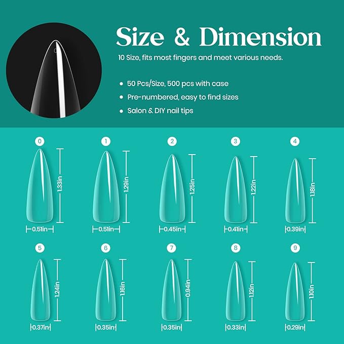 Beetles Stiletto Nail Tips-500Pcs Medium Clear Stiletto Nail Tips, Pre Shaped Clear Full Cover False Nails for Gel Polish Art Soak Off Lamp Easy Nail Extensions Acrylic False Nail Tips