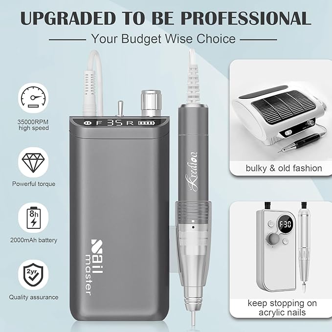 Kredioo Nail Drill, Nail Drills for Professional Acrylic Nails 35000RPM Rechargeable Portable Electric File Drill Machine with 10 Bits Set Quickly Remove Gel Polish Salon Quality Manicure-Grey