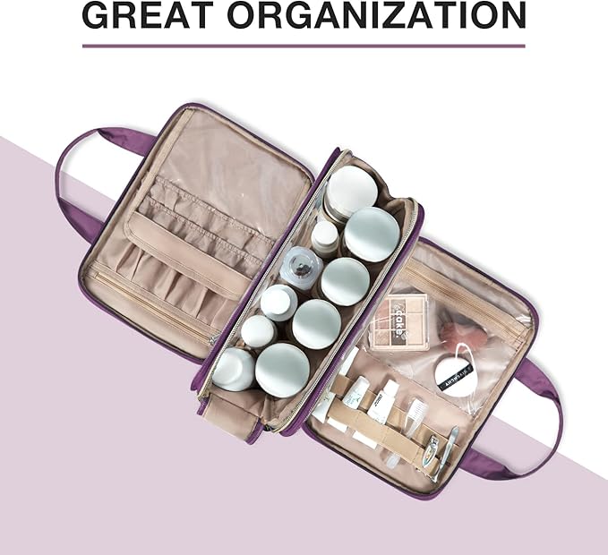 BAGSMART Large Toiletry Bag, Travel Makeup Organizer Water-resistant Makeup Cosmetic Bag Travel Bag for Accessories, Shampoo, Full Sized Container, Toiletries (Purple, Medium)