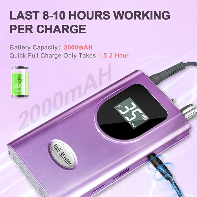 35000RPM Portable Nail Drill Machine, HoMove Professional Nail Drill Machine, Rechargeable Electric Efile Nail Drills for Acrylic Gel Nails, Cordless Portable Nails Drill【Purple】