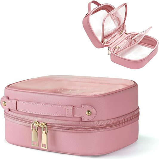 Clear Cosmetic Bag Double Layer 4 Compartments Travel Toiletry Bag Clear Makeup Case with Zipper Transparent Travel Bag for Toiletries, TSA Approved, Gift for Women Girls (Pink)