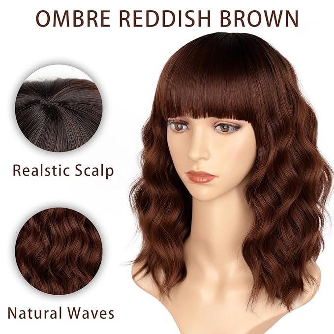 AISI HAIR Synthetic Wavy Curly Bob Wig with Bangs Ombre Reddish Brown Short Hair Wigs for Women Synthetic Heat Resistant Bob Wigs