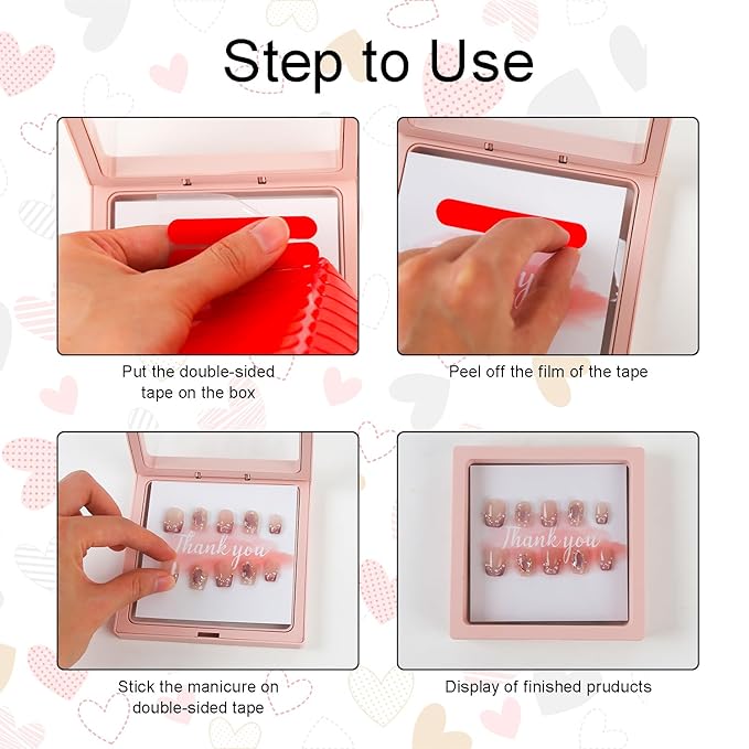 30 Pcs Press On Nail Packaging Nail Boxes Storage Display Box with 90 Pcs Adhesive Double Sided Tape with 30 Pcs Thank You Display Cards or Nail Salon Pink
