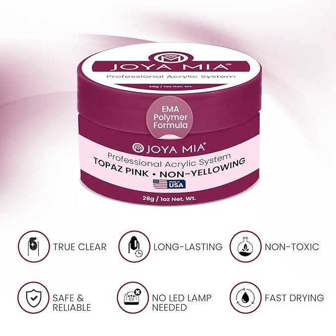 Joya Mia Acrylic Powder for Nails, MMA-Free, Super Adhesion Professional Powder for Flawless & Long-Lasting Nail Enhancements, Easy Application, Vibrant & Stunning Colors - Topaz Pink, 1 oz