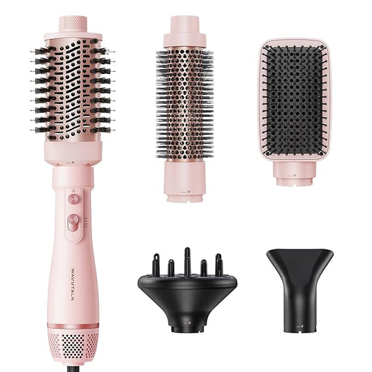 Blow Dryer Brush Set, Wavytalk Air Sculpt 5-in-1 Hot Air Brush Set, Multi Hair Styler for Salon Blowouts, Smooth Curls, Volumizing and Straightening, Sleek and Less Frizz, Pink