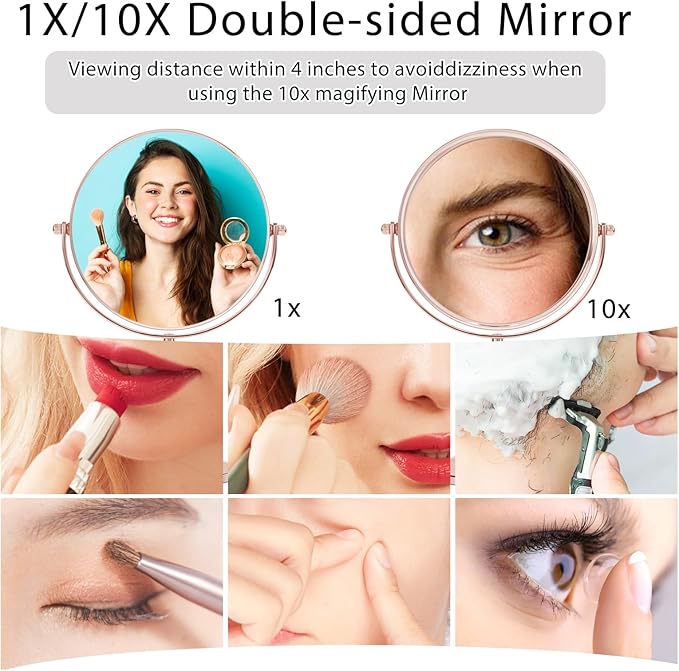 7"Rose Gold Glitter Diamond Rhinestone Makeup Mirror,360°Rotate Round Tabletop Vanity Mirror Double Sided 1X/10X HD Undistorted Magnifying Mirror,Portable Vanity Women Gift (No Lamp Rose Gold)