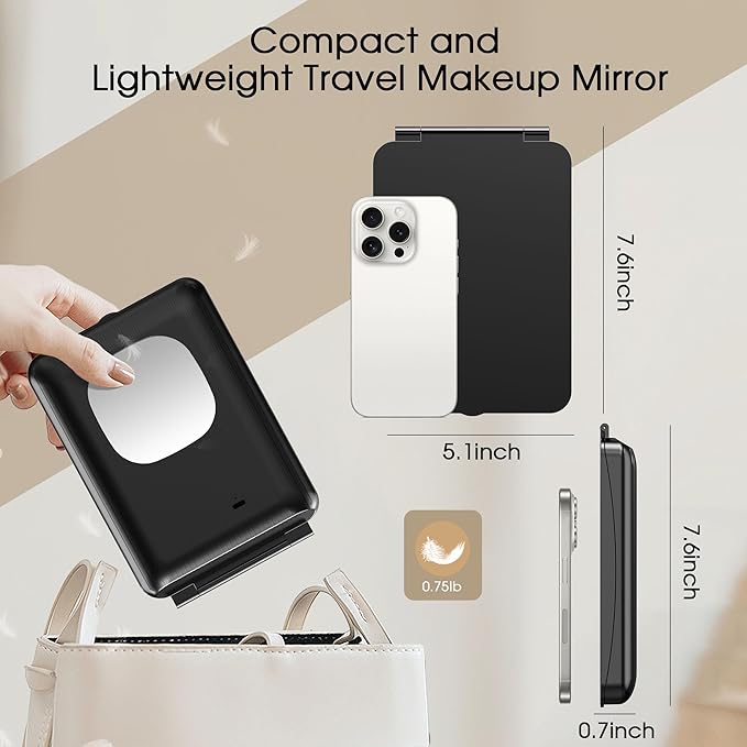 Travel Makeup Mirror with Lights and Magnification, 10X/1X Magnifying Vanity Mirror with 3 Colors & Brightness Adjustable, 2000 mAh Rechargeable Lighted Compact Mirror, Women Gift (Black)