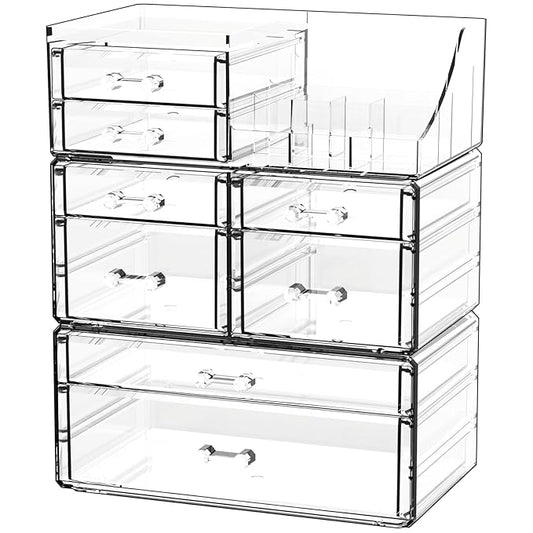Cq acrylic 3 Pack Clear Make Up Organizers for Vanity With 8 Drawers,Stackable Skincare Organizer and Cosmetic Storage Organizer for Jewelry,Lipstick,Beauty,Skin Care,Vanity Organizers and Storage