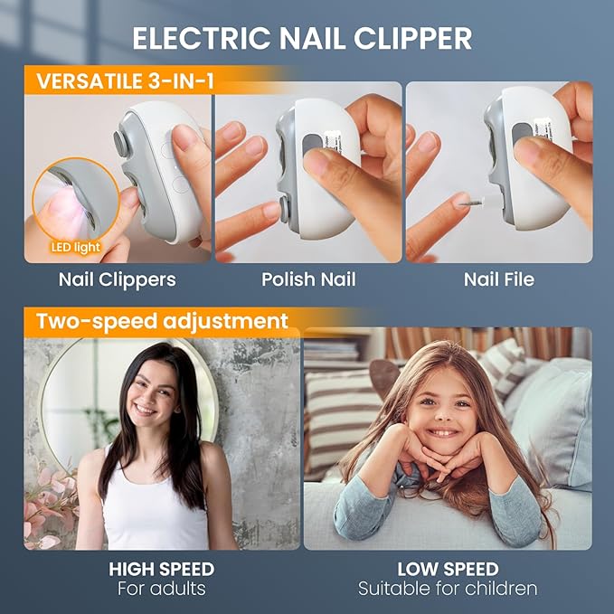 Electric Nail Clipper: 3-in-1 Automatic Fingernail Trimmer, Polisher & Clip Storage with LED Light, USB Rechargeable & 2 Speed Gears Automatic Safety Nails Cutter for Baby Kids Adult Seniors (White)
