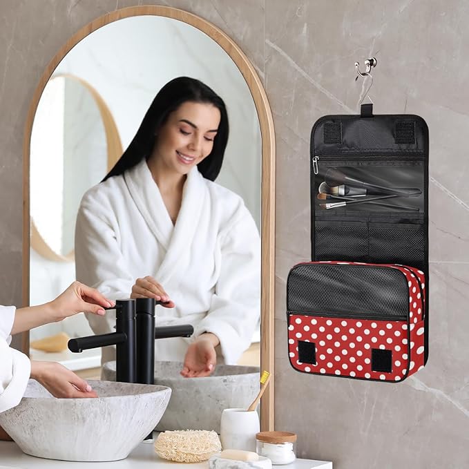 Hanging Travel Toiletry Bag for Women, Polka Dot Print Travel Makeup Bag Red White Polka Dot Portable Cosmetic Bag Travel Organizer for Toiletries Accessories