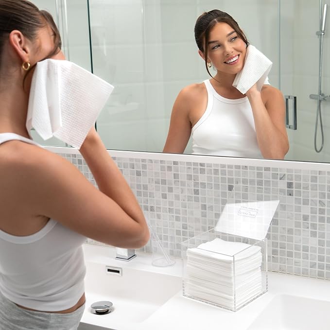 CLEAN SKIN CLUB Clear Acrylic Box for Clean Towels XL (NOT Included), Container For 50 Disposable Clean Towels XL, Face Towelettes Bathroom Counter Storage, Stone Bin for Cleansing Facial Dry Wipes
