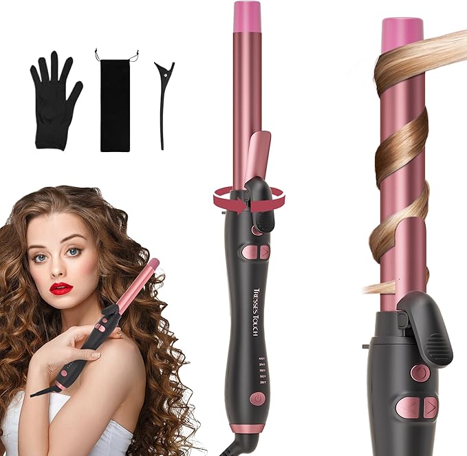 Rotating Curling Iron 1 Inch, Universal Voltage Automatic Curling Iron with Clamp, 5 Heat Settings 360° Rotatable Power Cord, Automatic Reset Function Hair Curler for All Hair (Rose Gold)