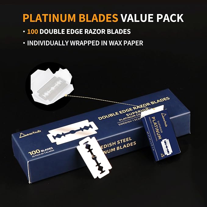 Premium 100 Count Double Edge Safety Razor Blades Refills Swedish 13C26 Stainless Steel Platinum Coated, Mild to Medium Sharpness for Smooth Shaves