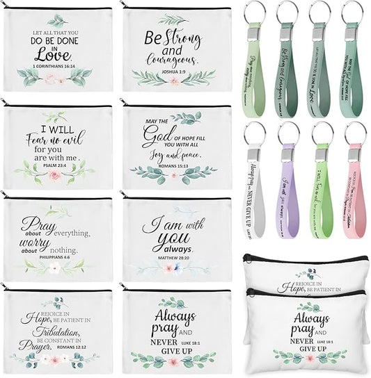 Panelee 48 Pcs Inspirational Gifts Makeup Cosmetic Bag Bulk with Zipper Keychain bibles Employee Appreciation Makeup Bags Motivational Gift for Graduation Women Teacher Coworker Gift(Bible Style)