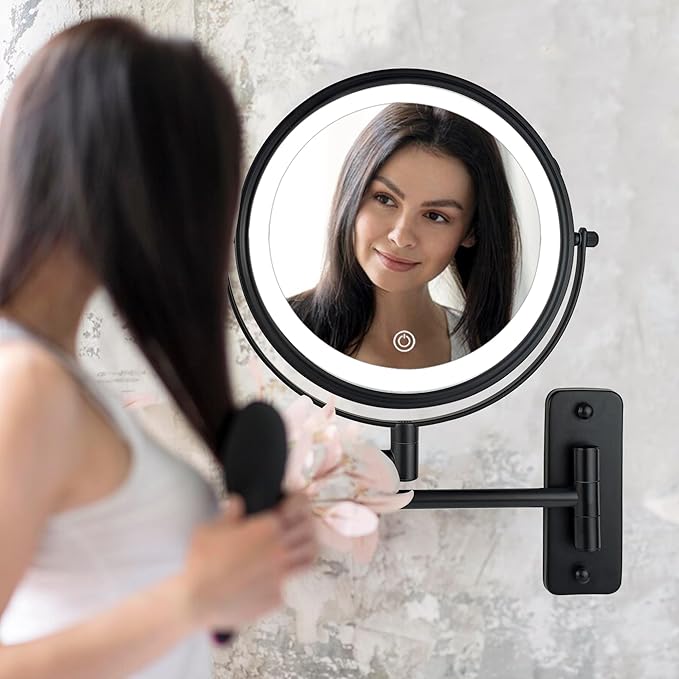 JANEEVA 8" Wall Mounted Lighted Makeup Mirror,Rechargeable Double Sided 1X/10X Magnifying Mirror with 3 Color Lights,Touch Dimmable Bathroom Vanity Mirror with 360°Swivel Extendable Arm Matte Black