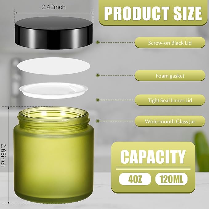 Norme 48 Pcs 4 oz Glass Jars with Lids Leakproof Round Airtight Empty Cosmetic Jars with Inner Liners Lid for Storing Lotions Powder Ointments Candle Making (Pea Green)