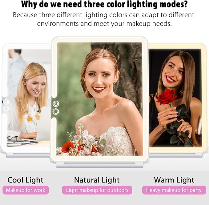 WEILY Portable Travel Mirror Makeup Mirror with 72 LED Lights, Touch Screen Three Colors Dimmable,Ultra Thin, 2000 mAh USB Rechargeable Foldable Cosmetic Mirror(White)