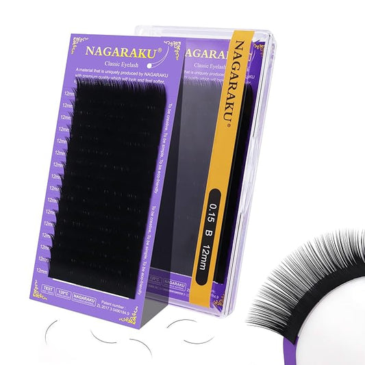 NAGARAKU Eyelash Extensions Individual Lashes Extensions Classic Lash Matte Black 16 Rows Soft Natural Matte Black Professional Beauty Salon Lash Supplies -0.15B 12mm
