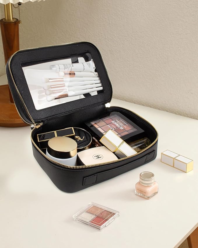 Clear Makeup Bags TSA Approved Toiletry Bag Handle Large Opening,Clear Toiletry Bags for Carry-on Traveling Travel Car Accessories Essentials Organziation Storage for Women Girls(Black, 2Layer)