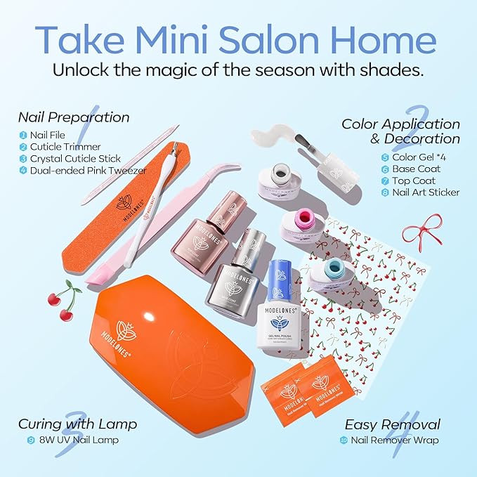 modelones Summer Gel Nail Polish Kit with U V Light, Pearl White Glitter Baby Blue Light Pink Sky Blue Manicure Set with Cherry Stickers, Base Top Coat, 4 Colors Gel Mini Salon Starter Spring Gift