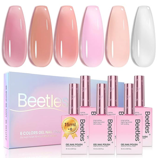 Beetles Jelly Gel Nail Polish, 6 Colors Milky White Sheer Pink Nude Brown Translucent Gel Polish Nail Art Manicure Salon DIY Uv Lamp Cured Gel Nail Design Decoration Home Salon -Colorful Bottle Gel