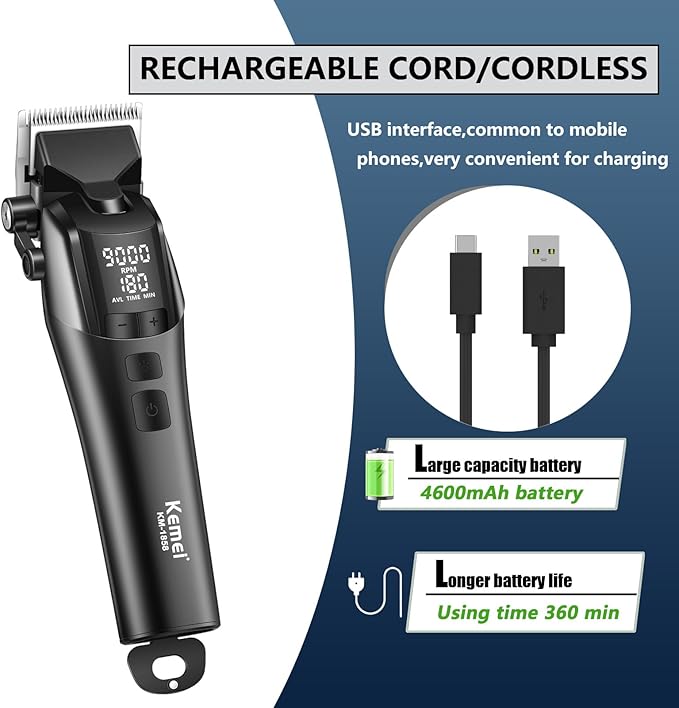 KEMEI 1858 Professional Hair Clippers for Men, Rechargeable Barber Clipper for Hair Cutting, Cordless Hair Trimmer with LED Display & 5-Speed Adjustable Settings, Gifts for Men