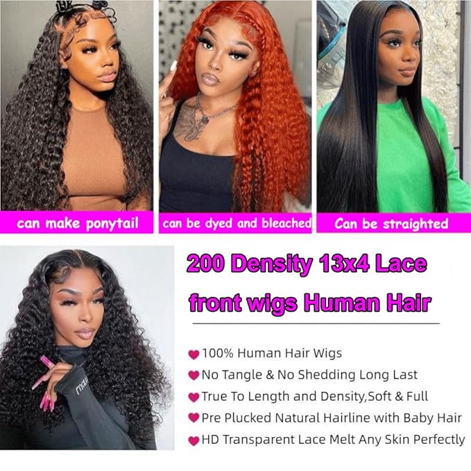 Aomllute 28 Inch Deep Wave Lace Front Wigs Human Hair 200 Density 13x4 HD Lace Frontal Wigs Human Hair Pre Plucked Deep Curly Glueless Wigs Human Hair for Women Natural Black
