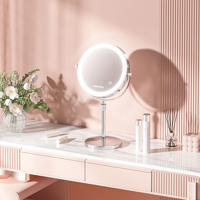 8” Large Lighted Makeup Mirror with Magnification, 15X/1X Rechargeable Magnifying Mirror with Lights, Stepless Dimming Light Up Table Mirror with Adjustable Height, 360° Rotation Vanity Makeup Mirror