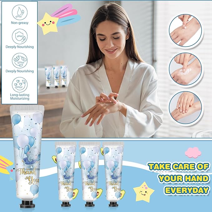 48 Sets Baby Shower Hand Cream Bulk Blue Elephant Baby Shower Favors Bridal Thank You Hand Cream for Guests Travel Size Lotion with Organza Bags