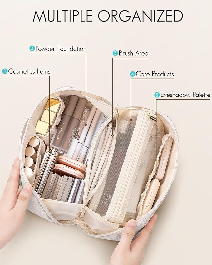 Vlando Makeup Bag,Travel Makeup Bag Christmas Gifts for Women Travelers Open Flat Make up Organizer,Gift Ideas for Girls,Sister(Cream White)