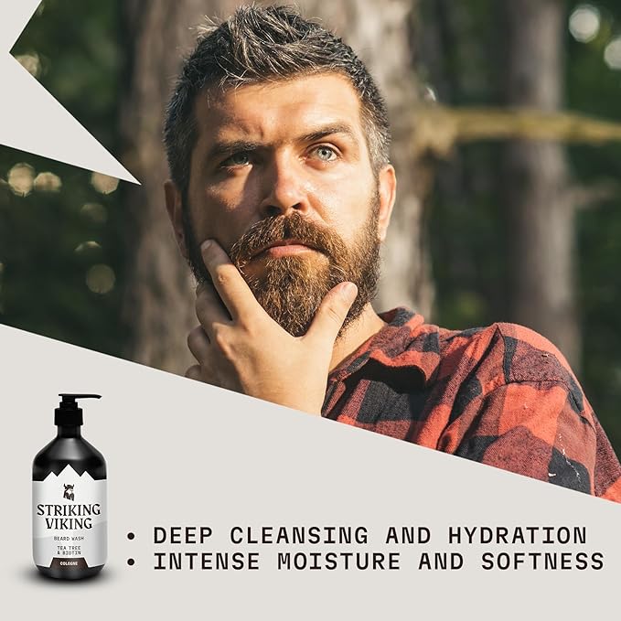 Striking Viking Beard Wash - 17 oz, Natural Tea Tree & Biotin - Cologne Scent Beard Shampoo Paraben & Sulfate Free For Men - Deep Cleansing and Care
