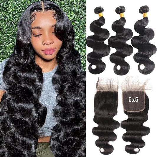 Human Hair Bundles With Closure Body Wave(14 16 18+5X5 Lace Closure 12Inch) Natural Black 3 Bundles Human Hair With 5X5 Hd Lace Closure 12A 100% Human Hair Extensions