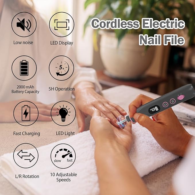 Cordless Electric Nail File Set, 10 Speeds Professional Manicure Pedicure Kit with LED Light & LCD Screen, Portable Nail Drill for Natural & Acrylic Nails, Human & Pet Thick Toenails (Black)