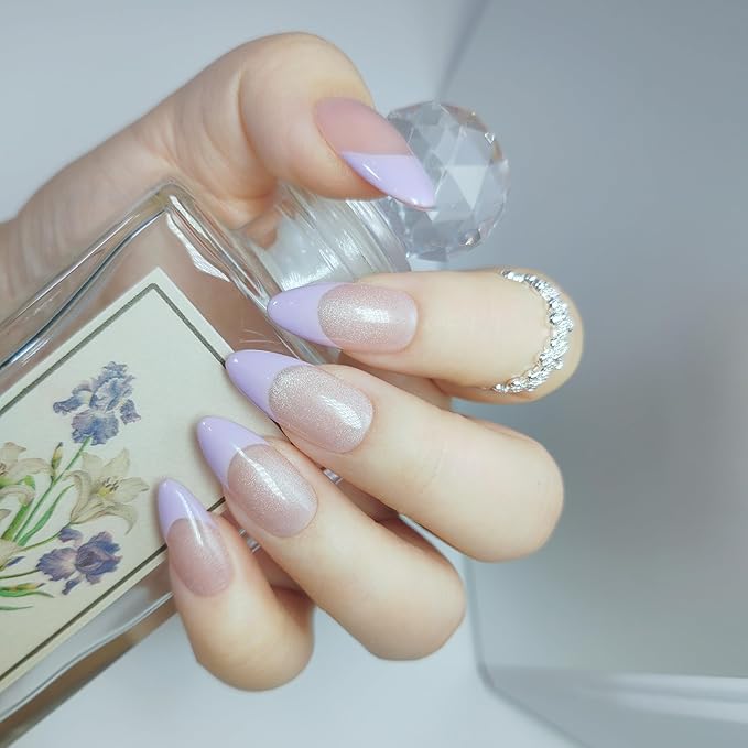 Almond Press on Nails Handmade Medium Long/Stiletto 3D Flower Fake Nail with Designs, Women Reusable False Nails (Light Purple French Tip, M)