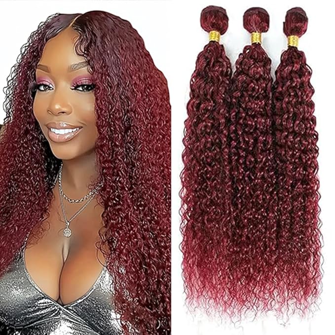 Color 99j Human Hair Curly Bundles Burgundy Curly Hair Bundles Weave Extensions Double Weft Brazilian Human Hair Soft and Silky for Black Women 14 16 18 Inch