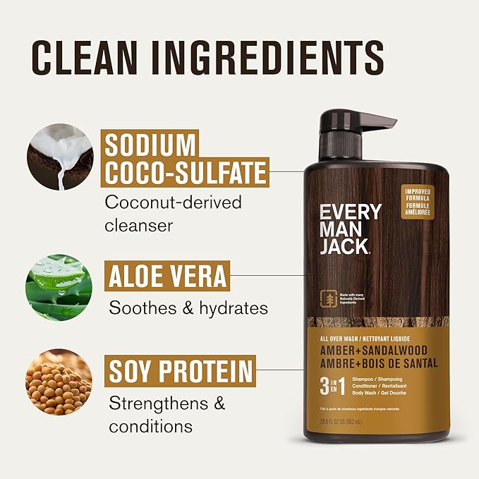Every Man Jack Amber + Sandalwood Hydrating Mens 3-in-1 All Over Wash for All Skin and Hair Types - Body Wash, Shampoo and Conditioner with Naturally Derived Ingredients - 28.8oz (2 Pack)