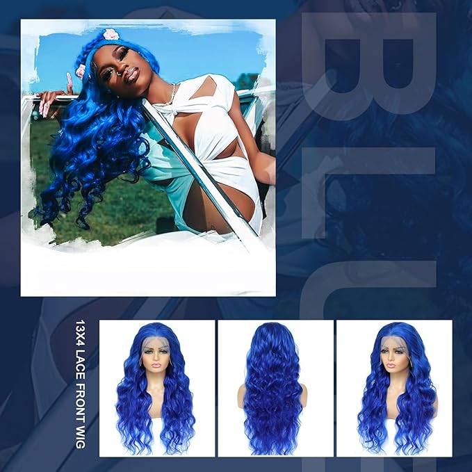 30 Inch Blue Lace Front Wig Human Hair Blue Human Hair Wig 200 Density 13x4 Body Wave HD Lace Front Wigs Human Hair Pre Plucked Human Hair Wig Color Blue Lace Frontal Wigs Human Hair