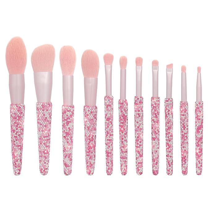 Professional Makeup Brushes Set 11PCS Bling Rhinestone Face Cosmetics Blending Liquid Foundation Powder Concealer Eye Shadows Make Up Beauty Tool Glitter (AB Pink)