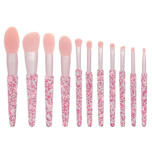 Professional Makeup Brushes Set 11PCS Bling Rhinestone Face Cosmetics Blending Liquid Foundation Powder Concealer Eye Shadows Make Up Beauty Tool Glitter (AB Pink)