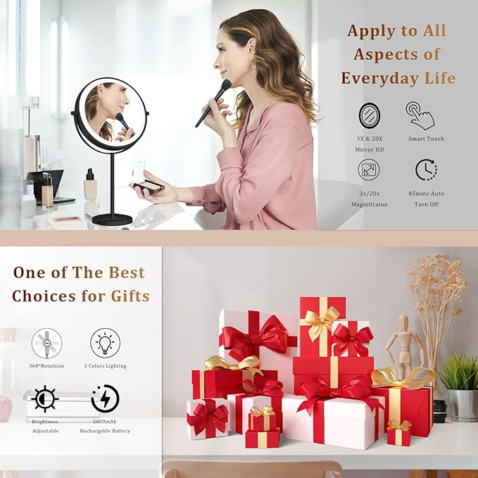 9in Vanity Mirror with Lights, Rechargeable&Dimming Lighted Makeup Mirror, 3X/20X Double Sided Magnifying Mirror, 5000mAh, 360 Rotate,3 Color Lights,Brightness with 80 LED,No Height Adjustment,Black
